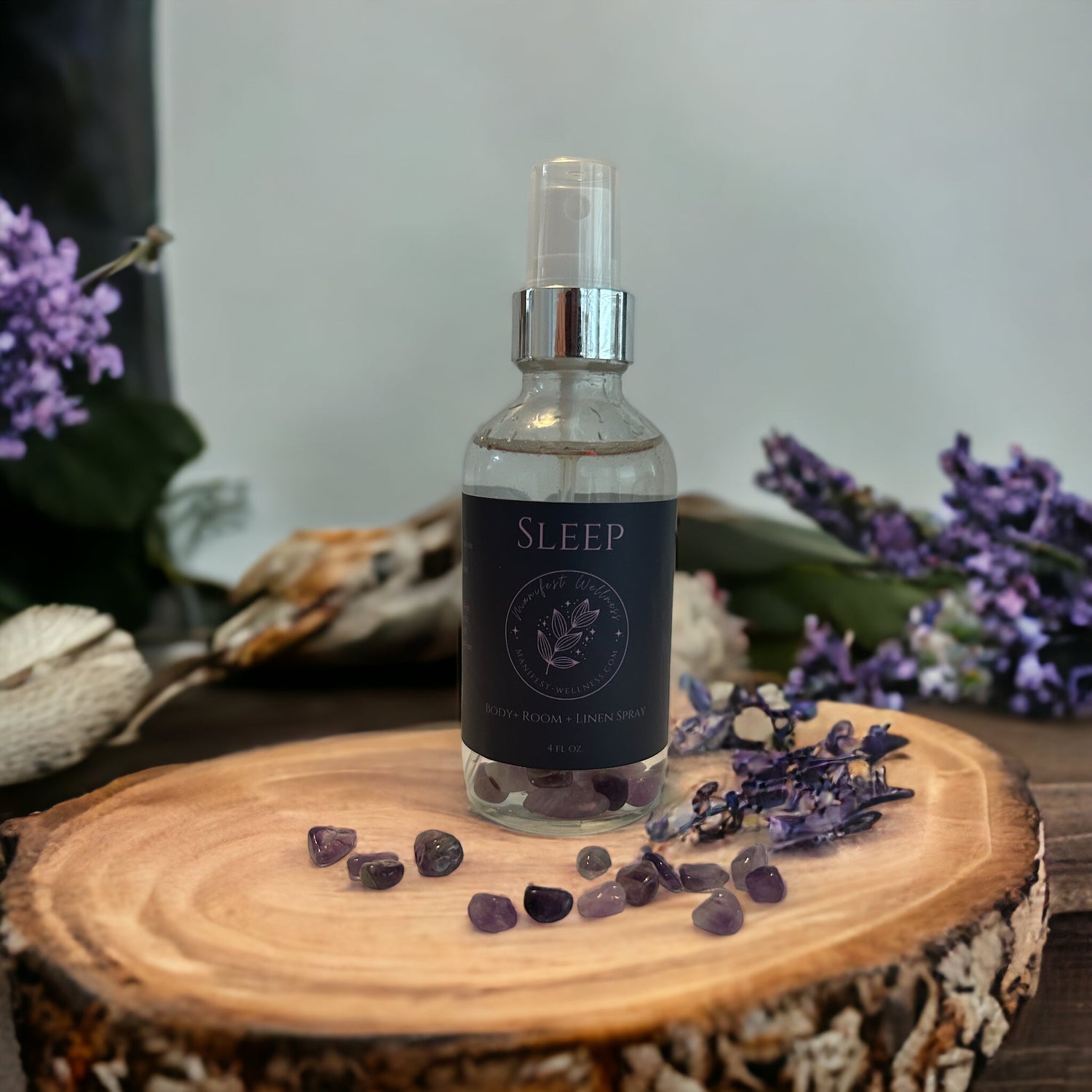 Sleep Aromatherapy Essential Oil and Amethyst Infused Body / Linen Spray with Lavender, Vanilla, Sandalwood Oils