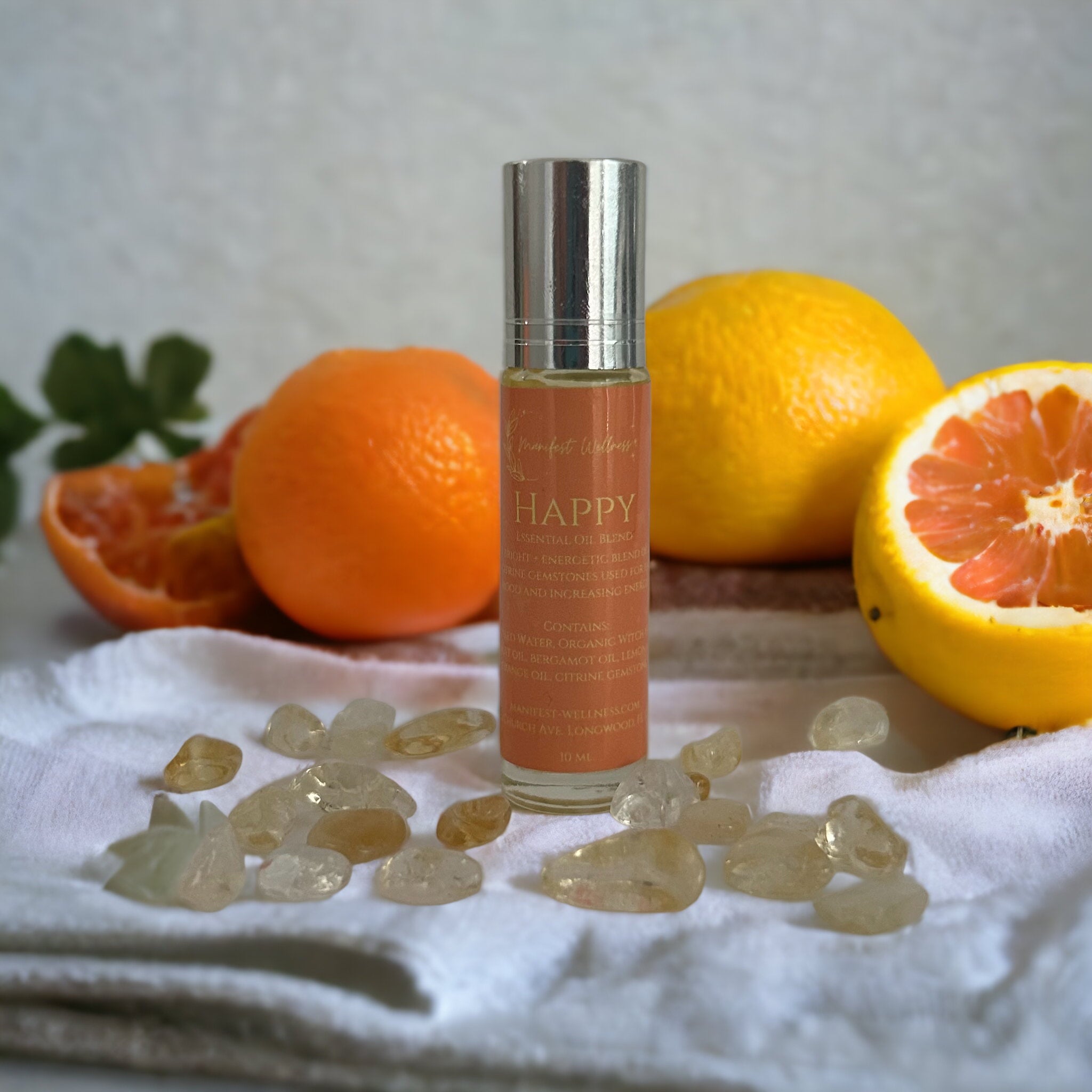 Happy Citrus Essential Oil Blend with Citrine Gemstones, Orange, Lemon, Grapefruit and Bergamot Essential Oils