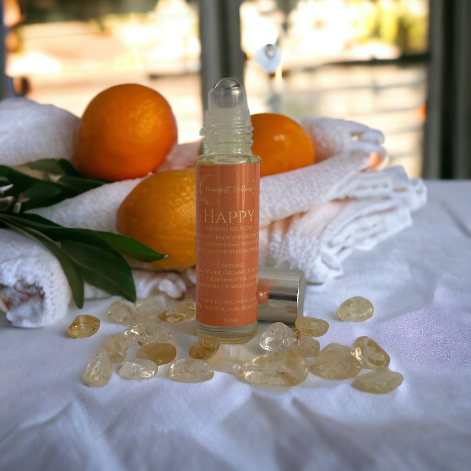 Happy Citrus Essential Oil Blend with Citrine Gemstones, Orange, Lemon, Grapefruit and Bergamot Essential Oils