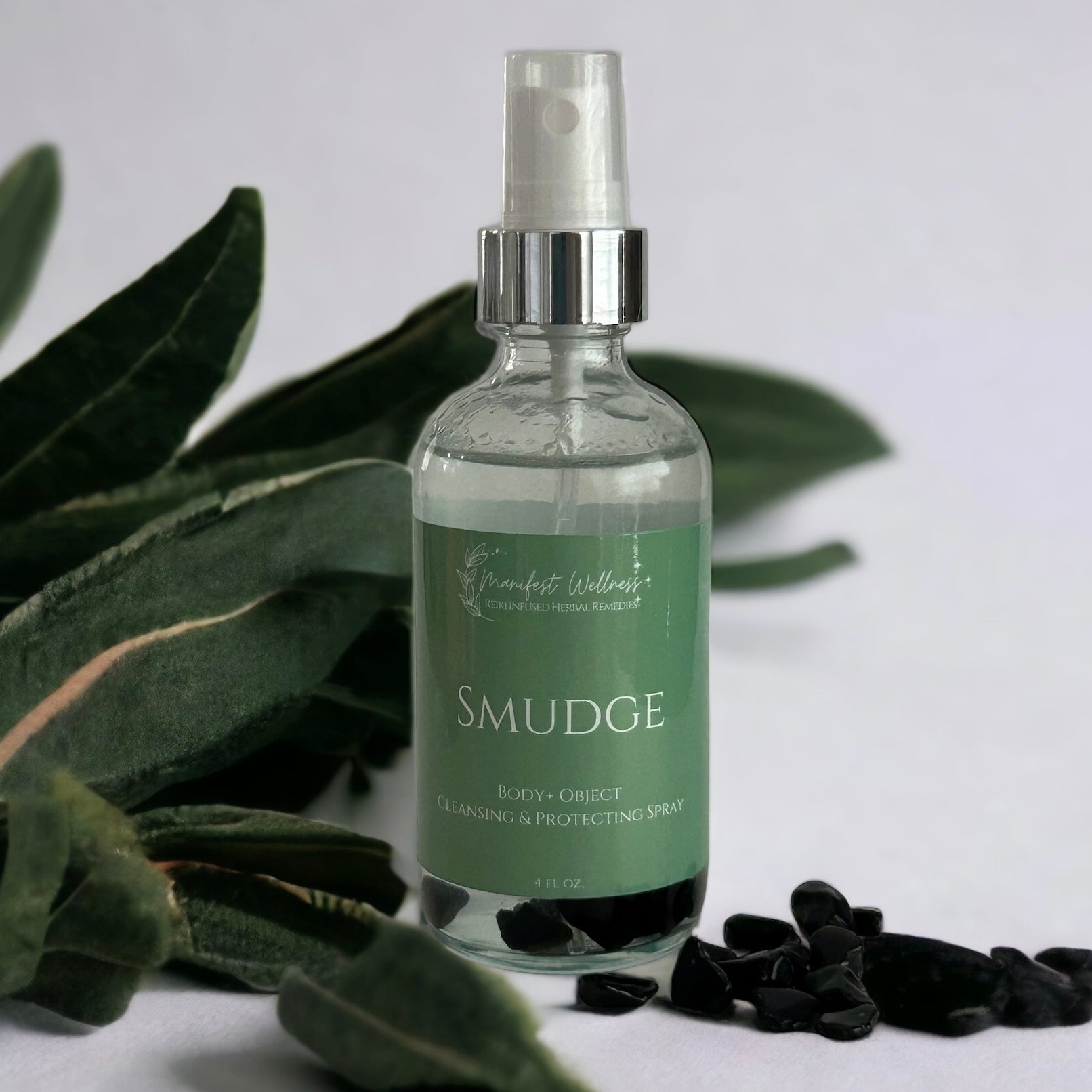 Smudge Essential Oil + Gemstone Infused Body/Room/Linen Aromatherapy Spray with Sage, Frankincense, and Palo Santo